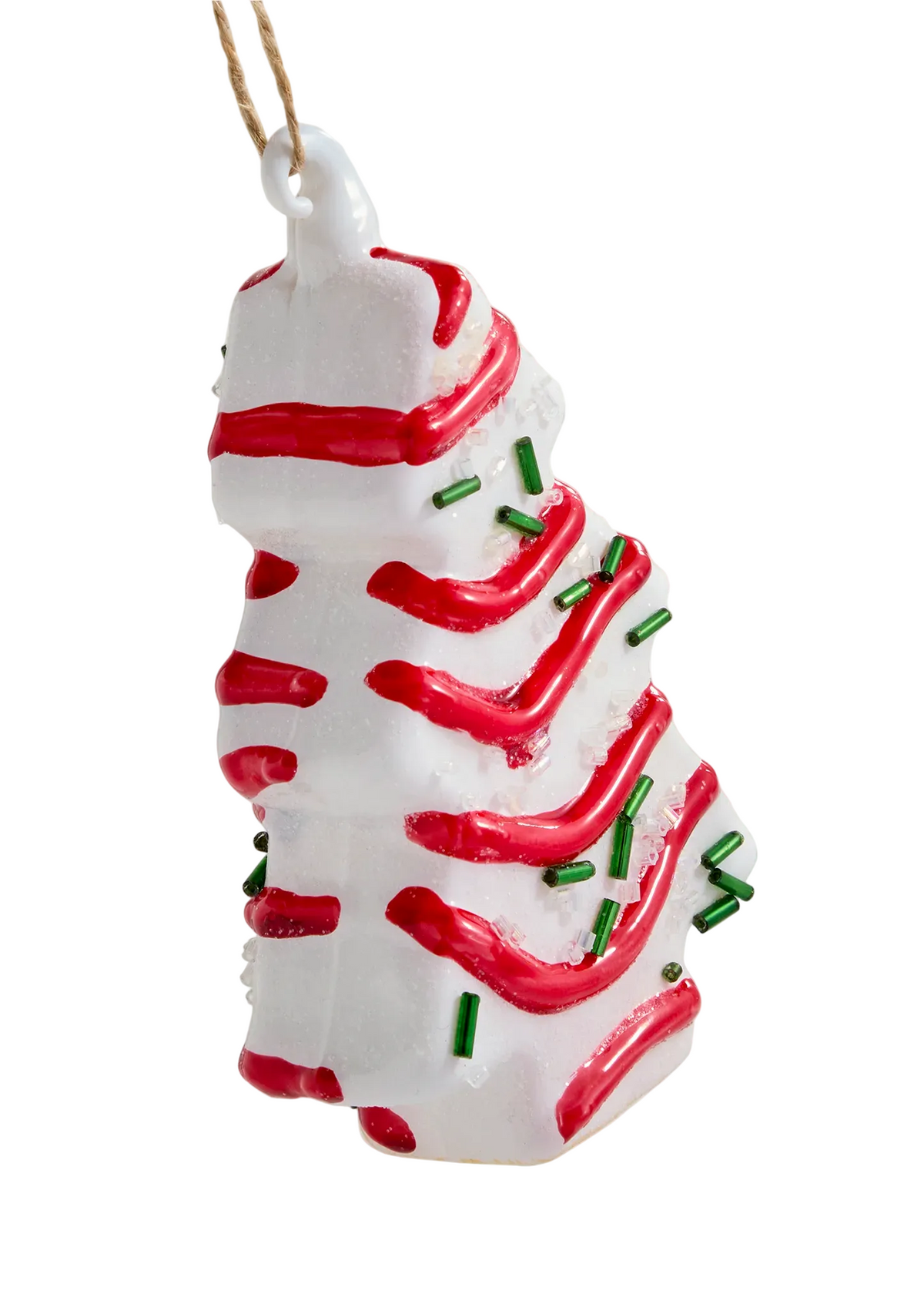 Decorative Christmas tree ornament with red and green accents on a white background