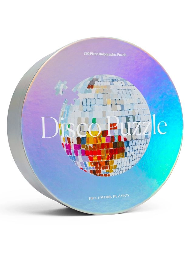 Round puzzle box with disco ball design and 'Disco Puzzle' text on a white background