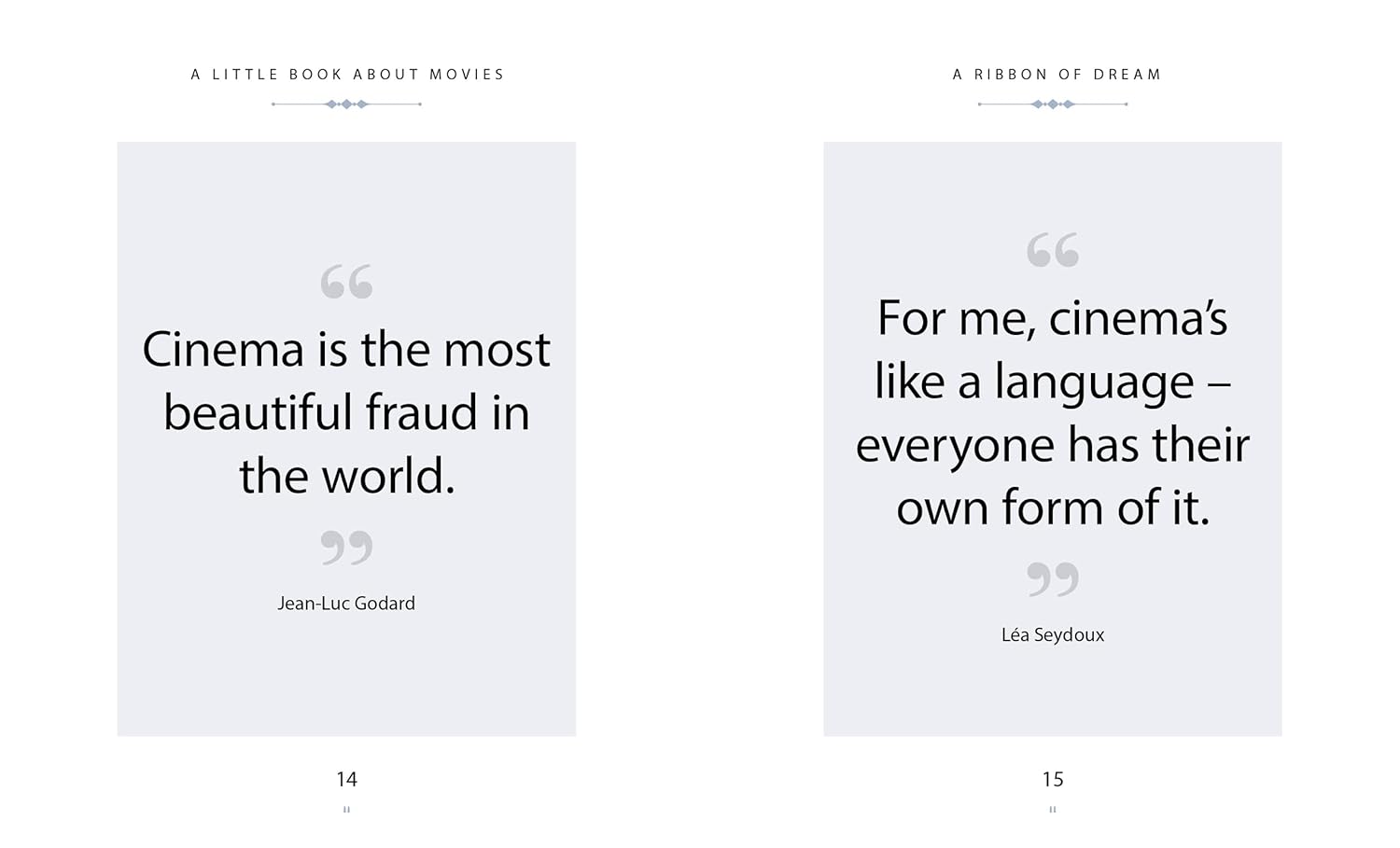 Two movie quotes from Jean-Luc Godard and Lelia Scedloux on a white background.