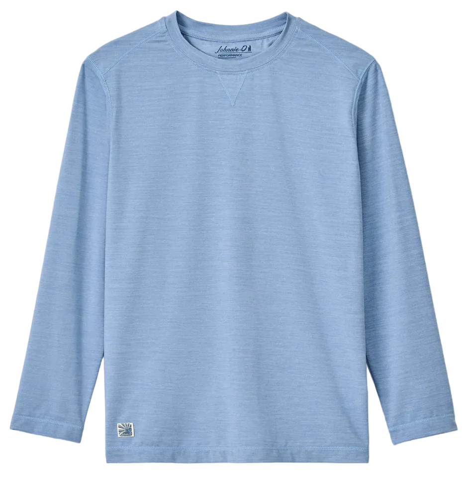 A light blue long-sleeve crewneck shirt with a subtle heathered texture, displayed flat against a light gray background.