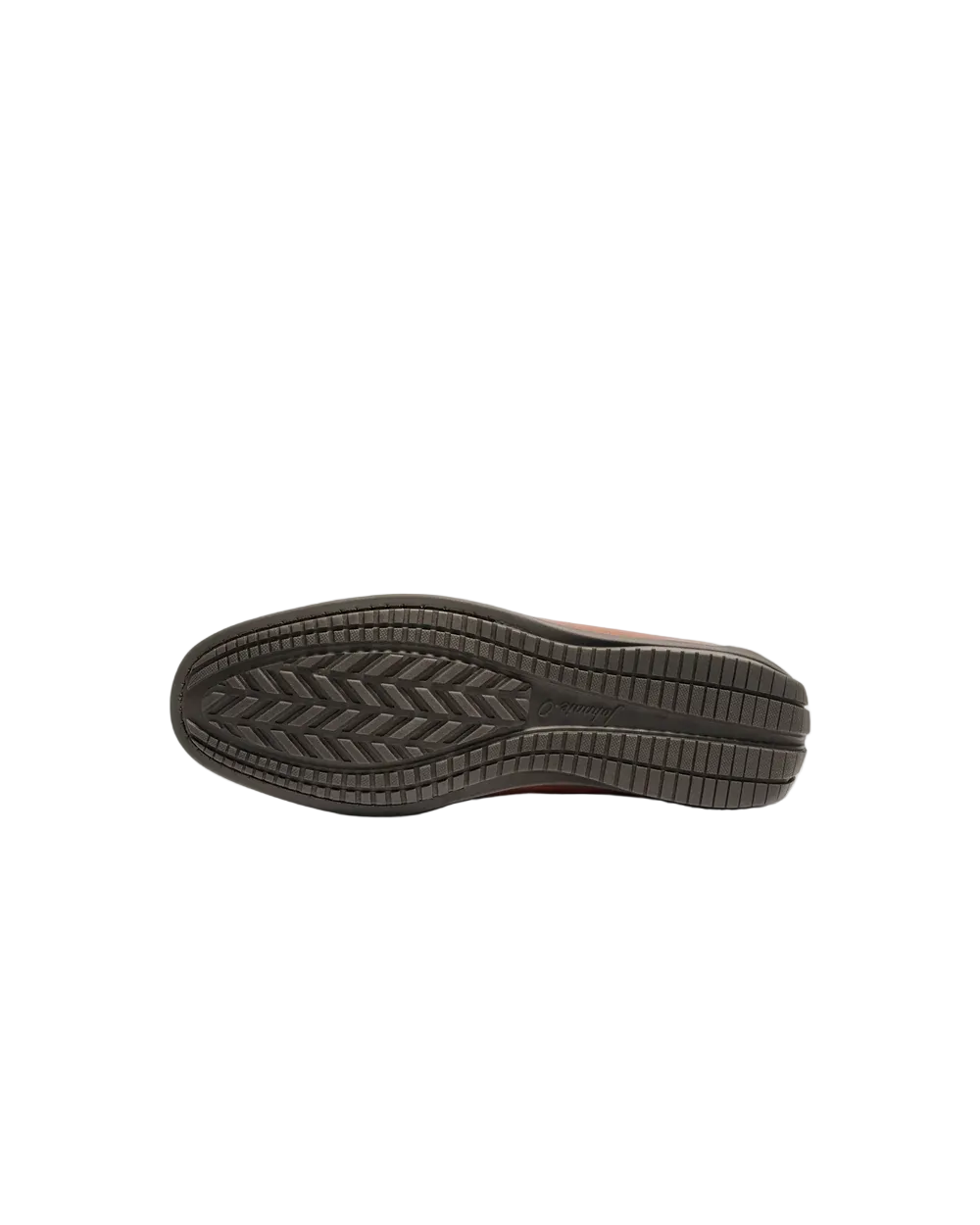 The treaded outsole of a dark brown shoe, shown from a top-down view against a light gray background.