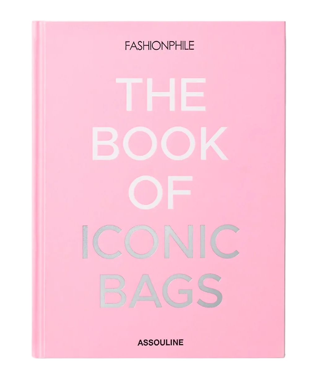 Pink book titled 'The Book of Iconic Bags' by Assouline on a white background