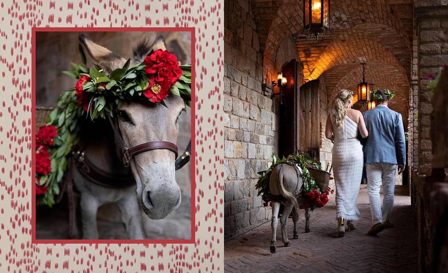 Donkey with floral decorations in a stone archway, with a couple walking behind.
