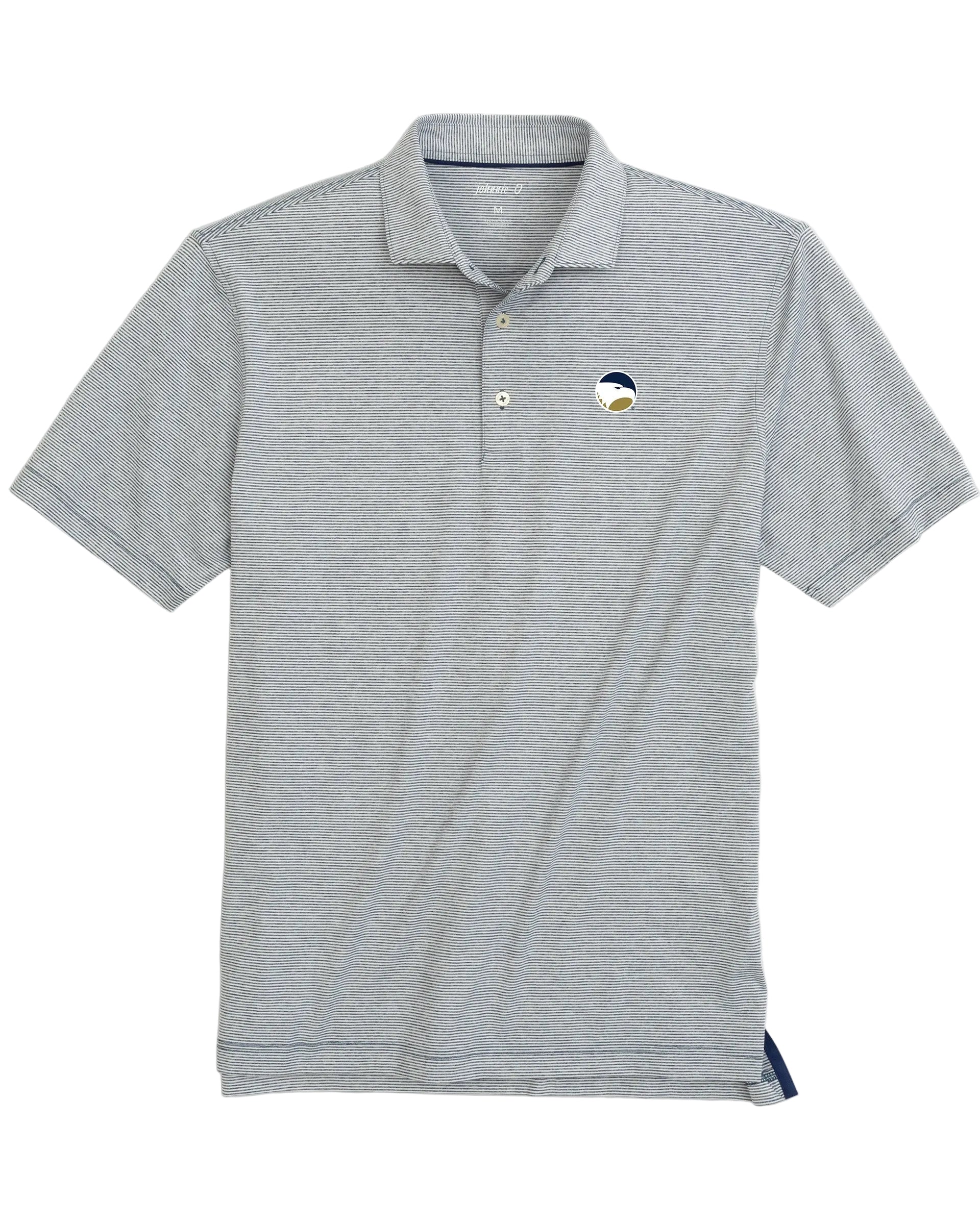 A gray striped polo shirt with a collar, button-up neck, and short sleeves.
