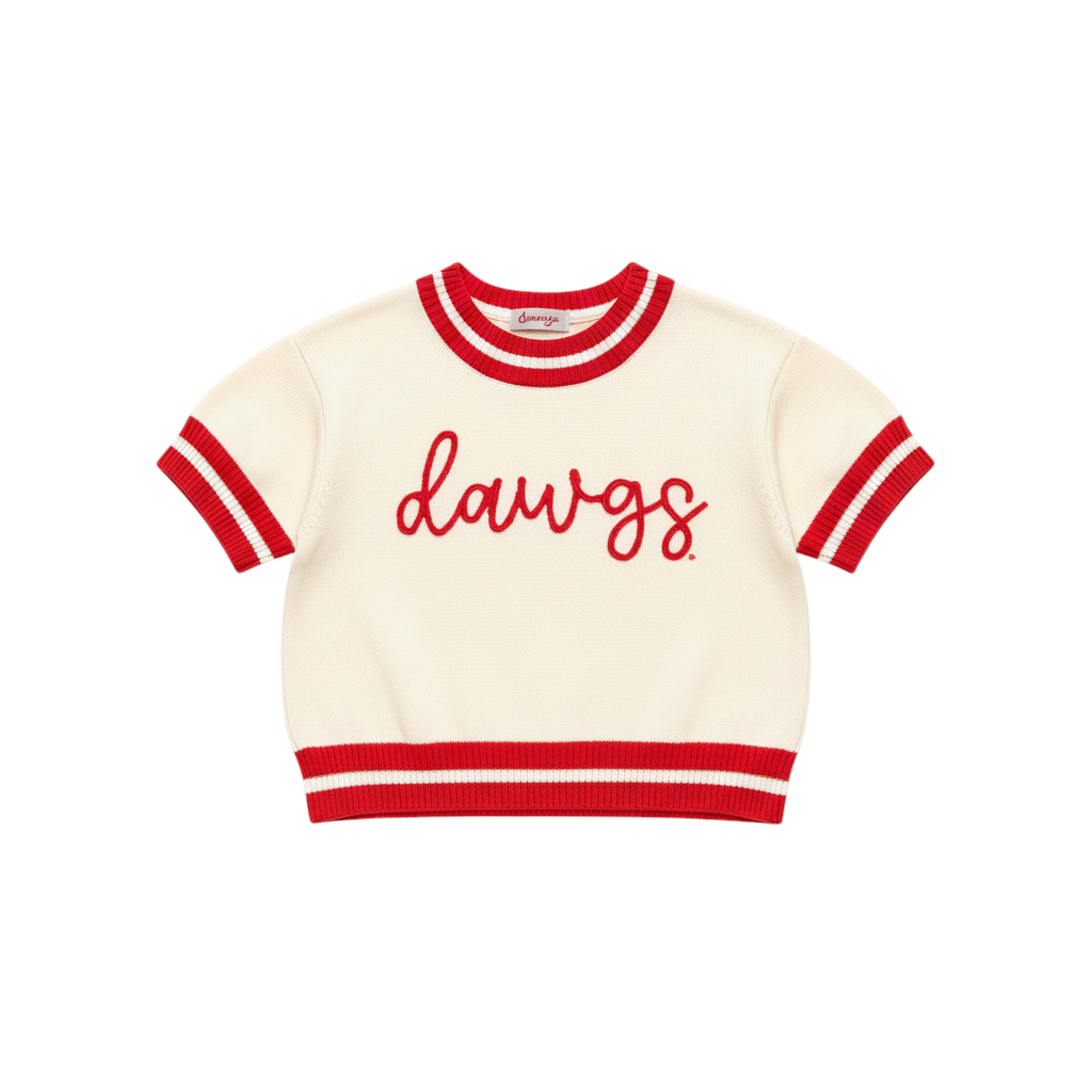 Miller Collective cream short-sleeve varsity sweater with red striped trim and embroidered dawgs script on the front.
