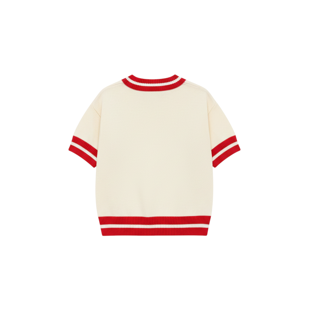 Miller Collective cream short-sleeve varsity sweater with red striped ribbed trim on the collar, sleeves, and hem.