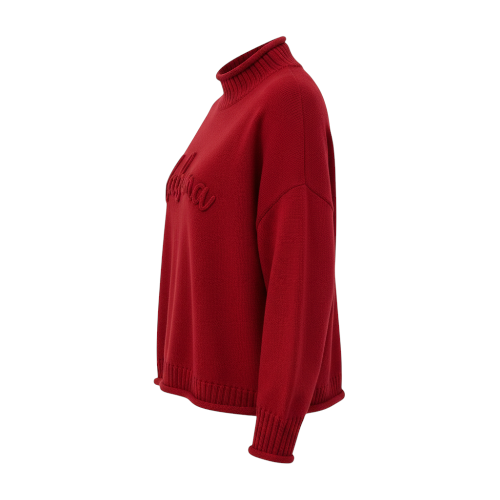 Miller Collective crimson Alabama script mockneck sweater with drop shoulders and ribbed knit details
