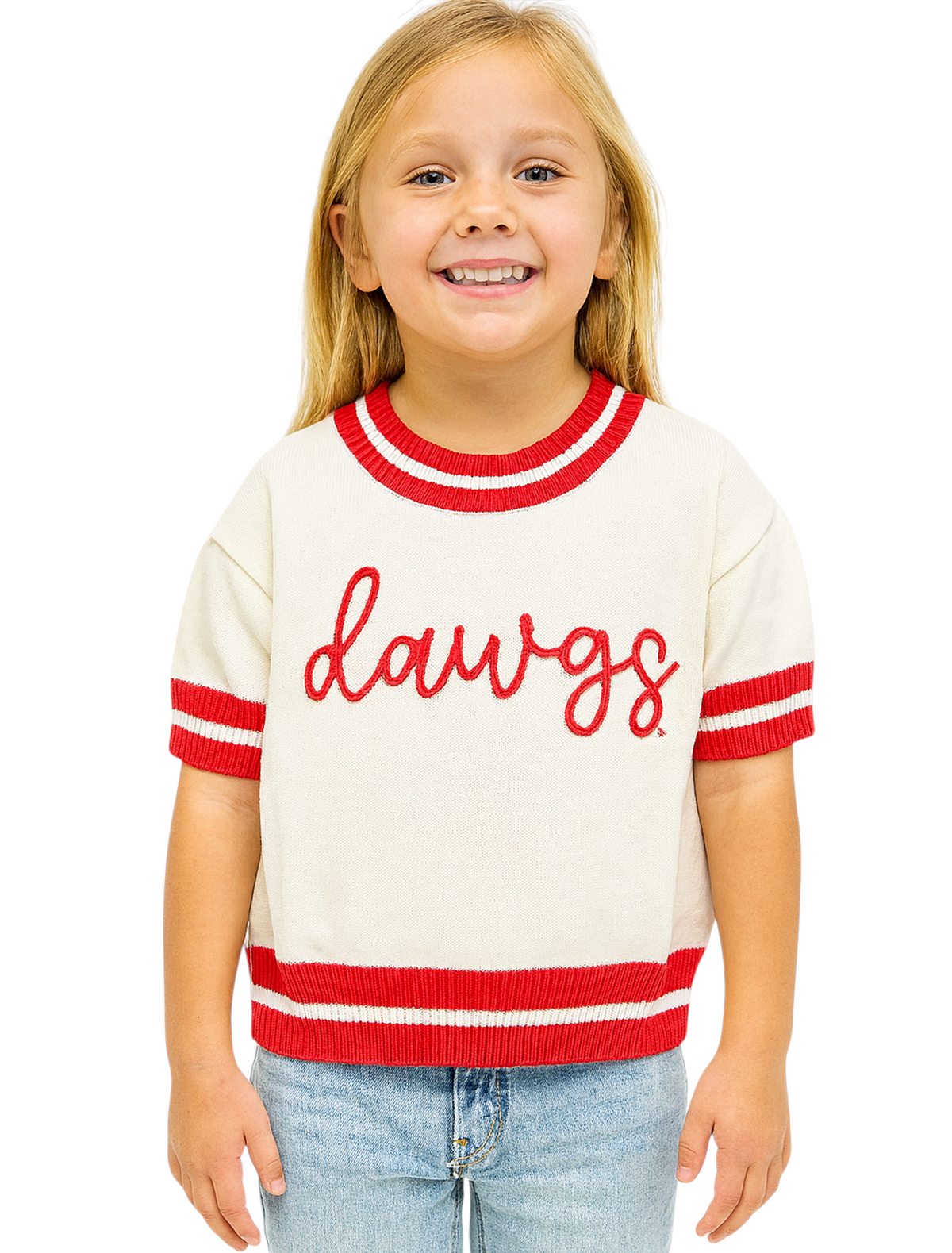 Miller Collective cream short-sleeve varsity sweater with red striped trim and embroidered dawgs script on a young girl