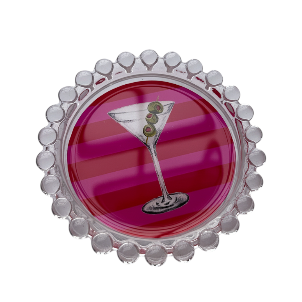 Miller Collective round glass trinket dish with a pink striped background and a martini glass illustration