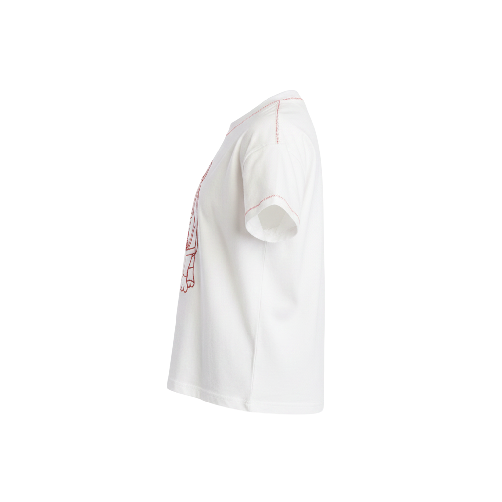 Miller Collective white cotton t-shirt with red contrast stitching and embroidered graphic, side view