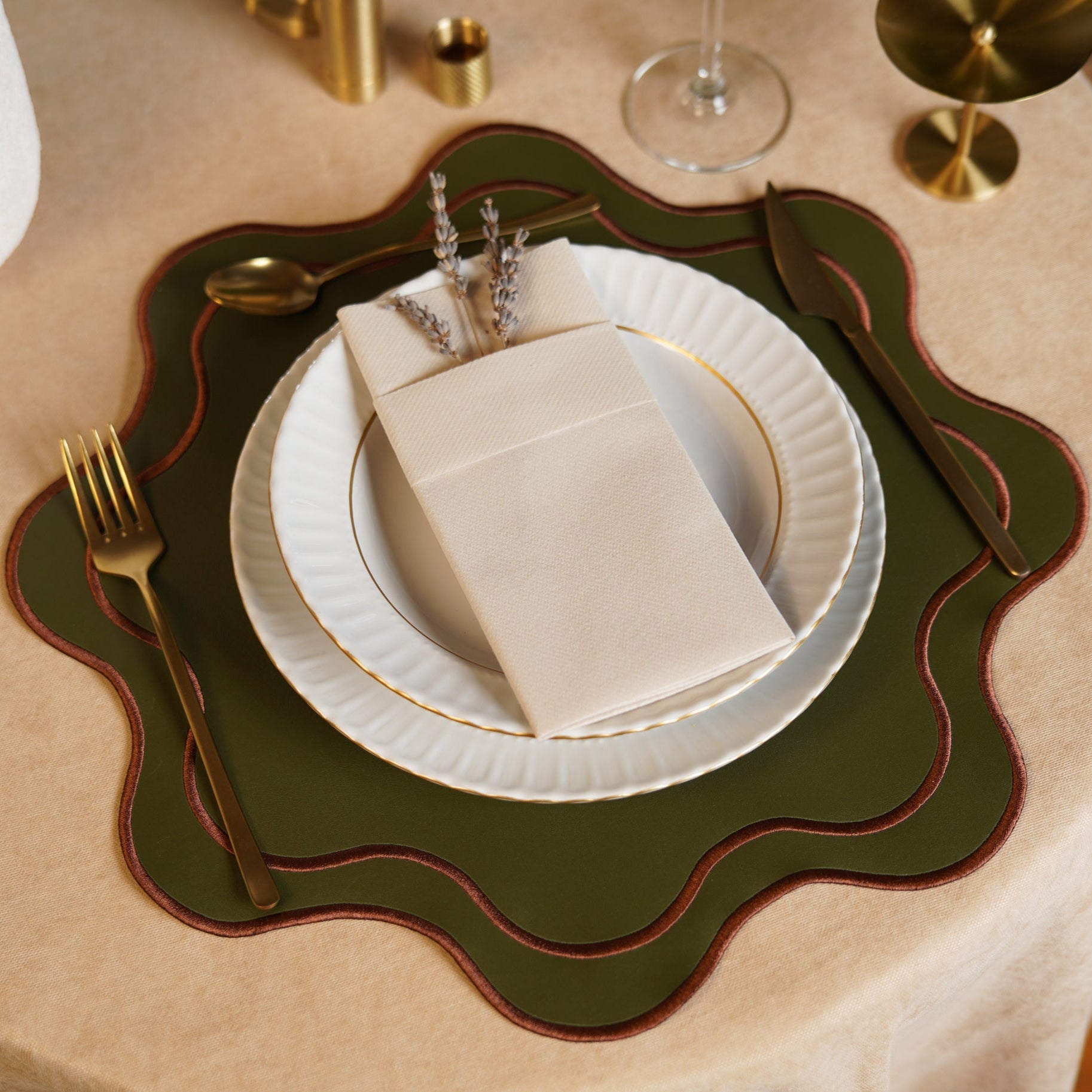 Haven Dark Green with Brown Trim Wavy Edge Faux Leather Placemat