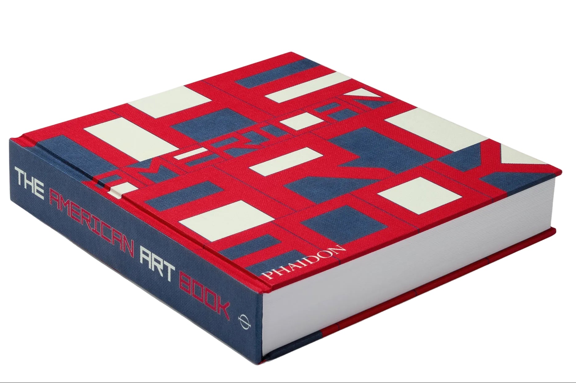 Book with geometric red, blue, and white design on a white background