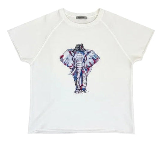 White t-shirt with a colorful elephant design on a white background