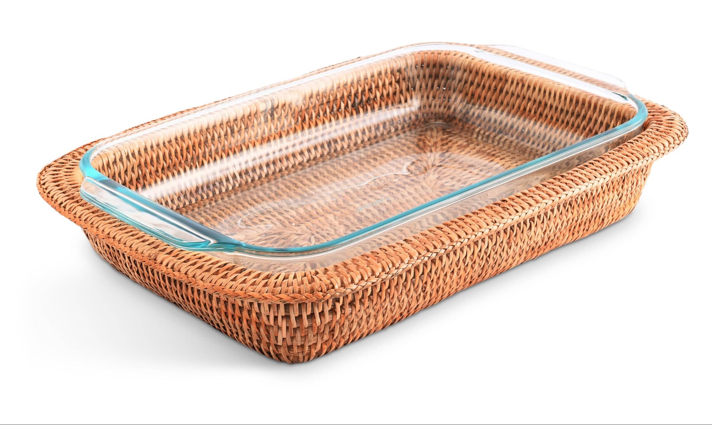 Rectangular glass dish with wicker-like exterior on a white background