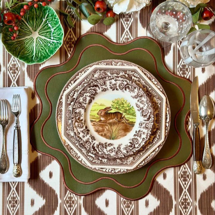 Haven Dark Green with Brown Trim Wavy Edge Faux Leather Placemat