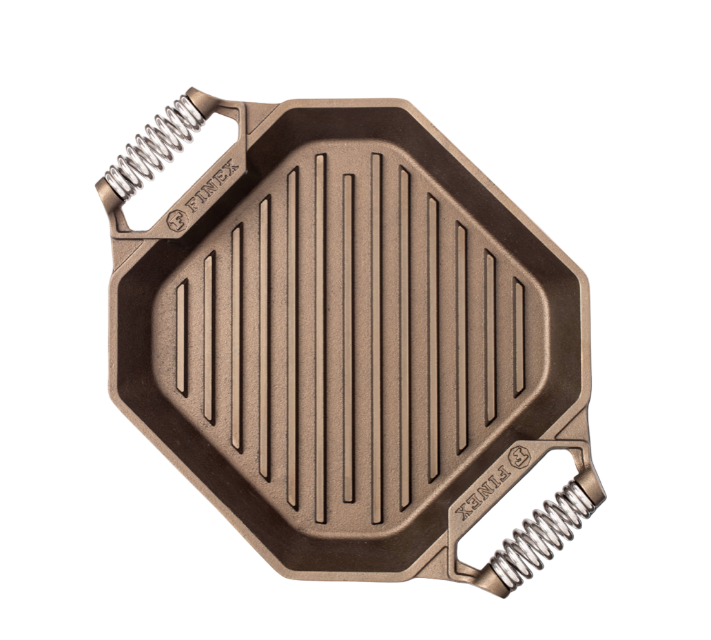 Cast iron grill pan with handles on a white background