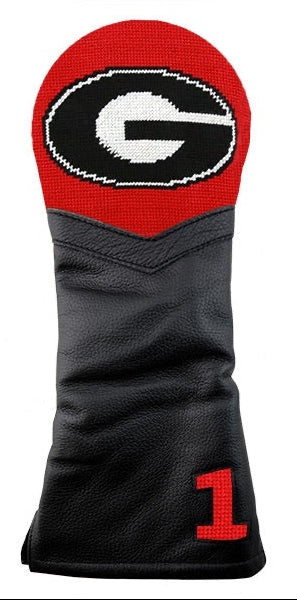 A UGA golf headcover with red and black needlepoint, designed to fit a modern driver up to 460cc.
