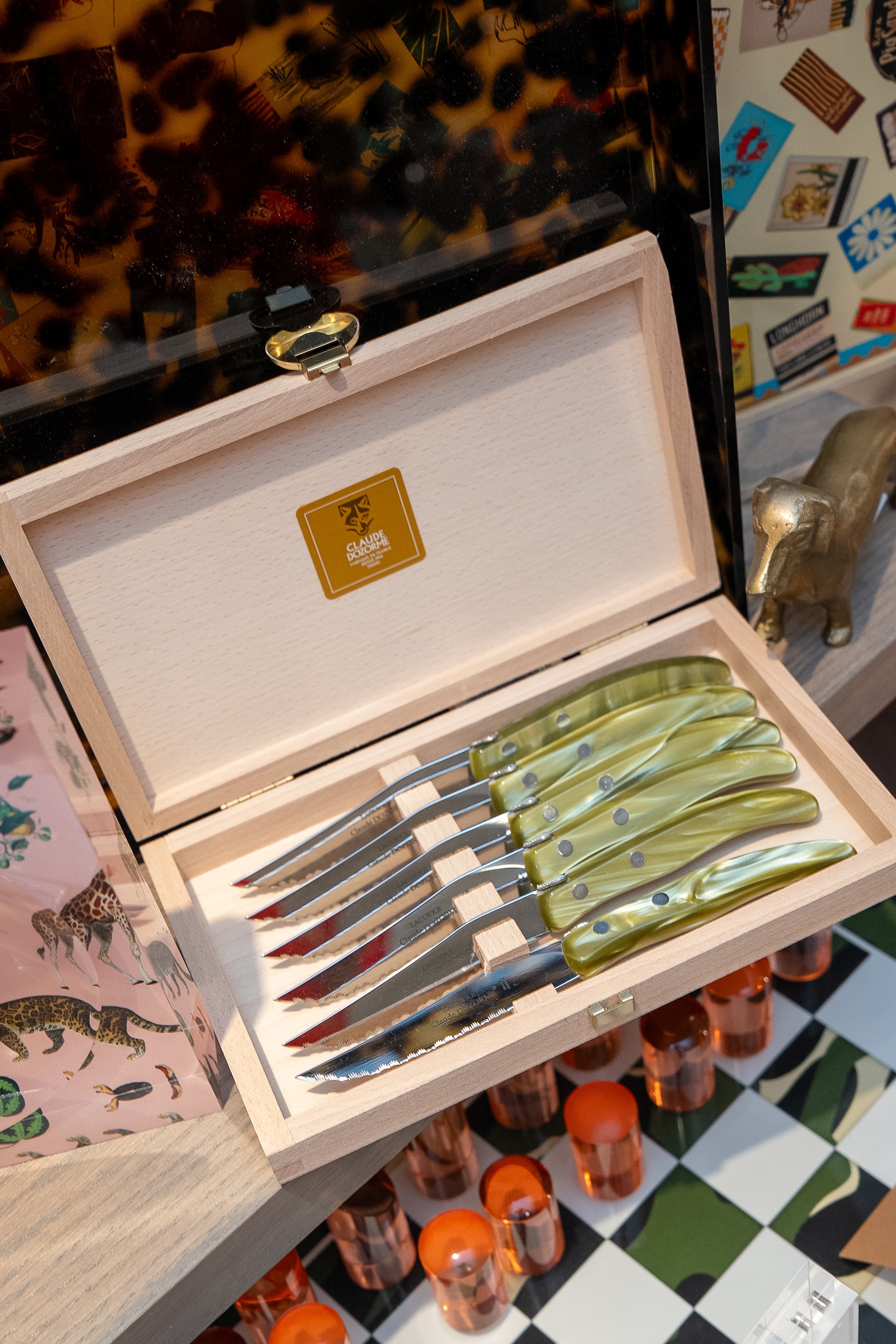 Box of 6 Berlingot Steak Knives Olive Green Handle