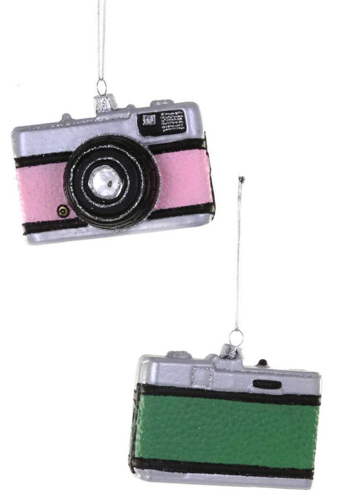 Two vintage-style camera ornaments hanging against a white background, one with a pink body and one with a green body, both with silver camera bodies and black trim.