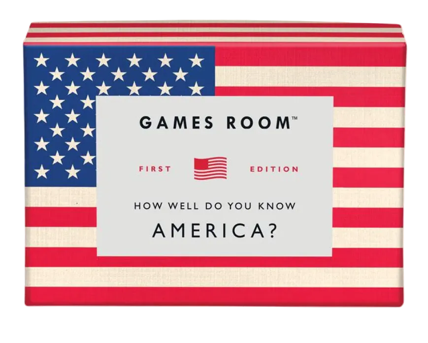 A pack of 'How Well Do You Know America?' quiz cards with a patriotic red, white, and blue design on the box.