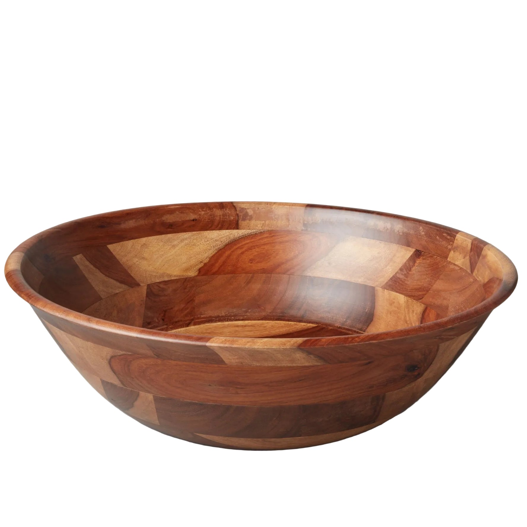 Wooden salad bowl with a geometric pattern on a gray background