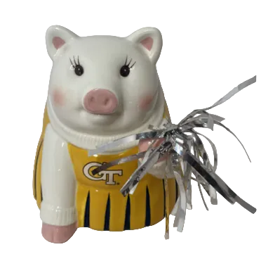 Piggy bank in a cheerleader outfit with a yellow and black sweater on a white background