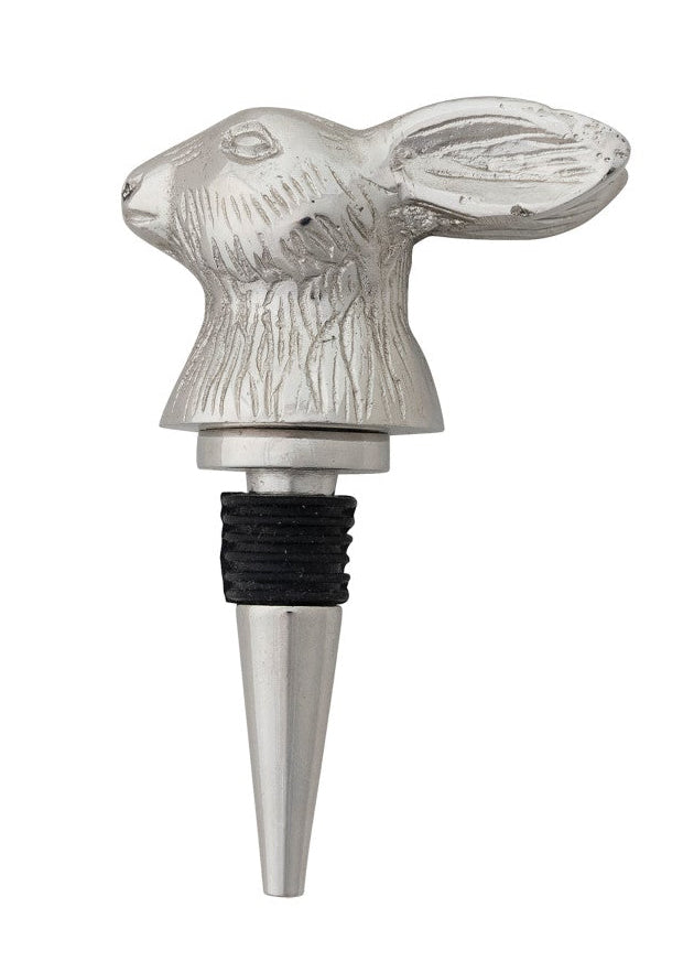 Silver rabbit-shaped bottle stopper with black rubber girth, one in packaging and one on a white background.