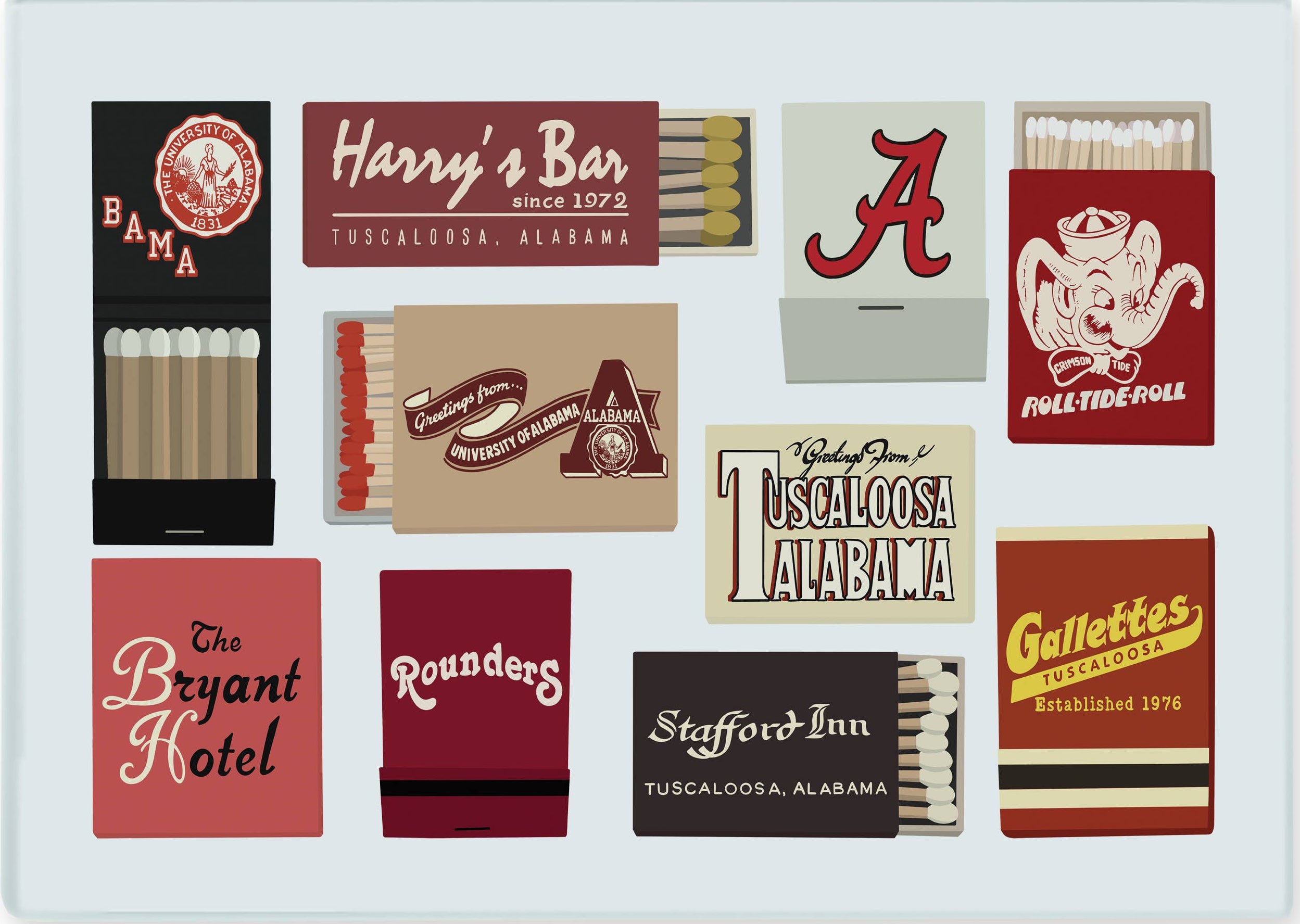 Collection of matchbooks with various designs and text on a white background