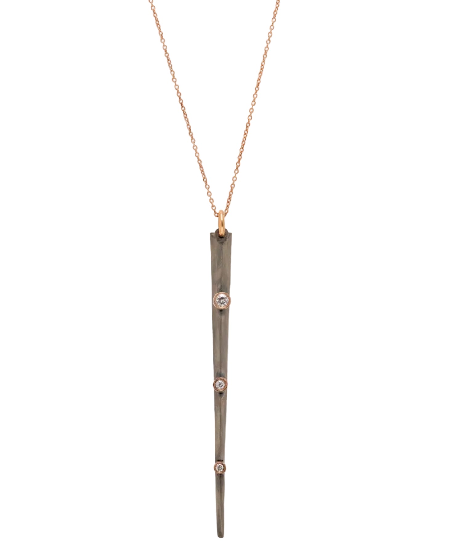 Necklace with a long, thin pendant on a white background