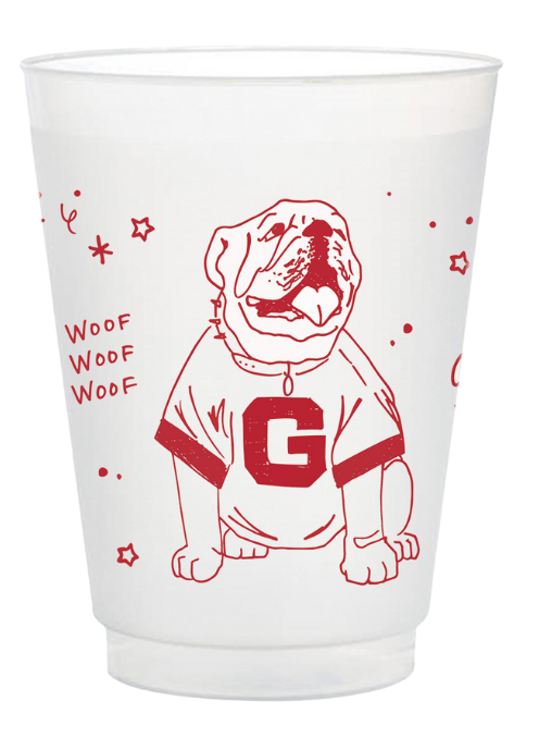 Clear plastic cup with red dog illustration and 'Woof Woof Woof' text on a white background