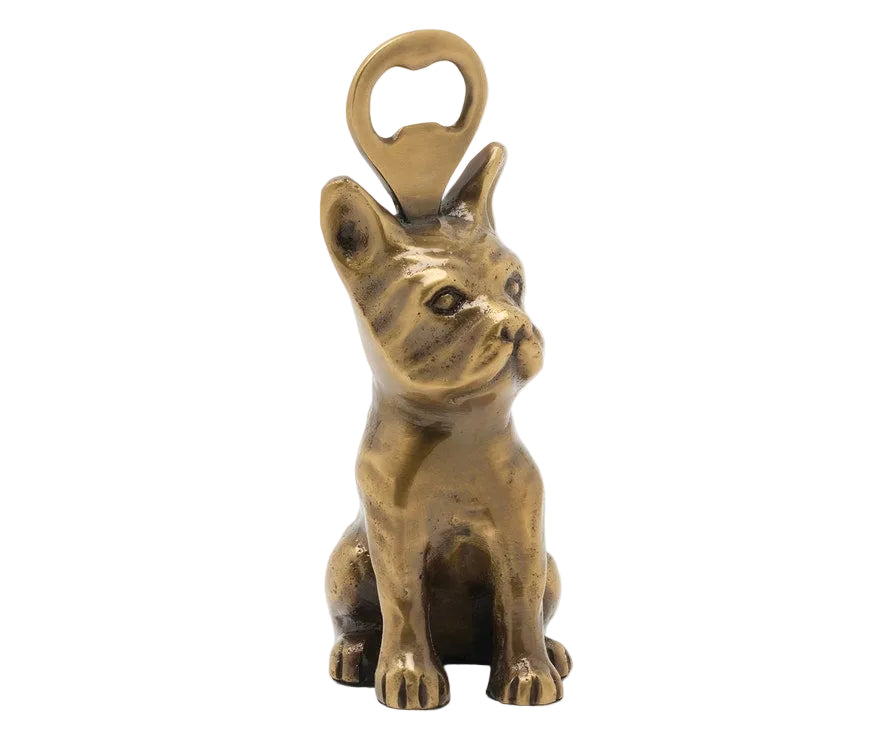 Bronze bulldog bottle opener on a white background