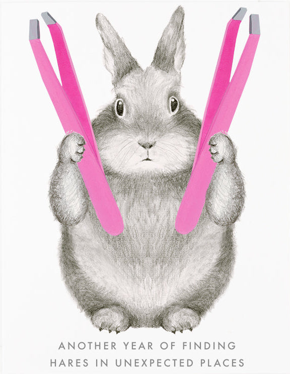 Illustration of a rabbit holding pink tongs on a white background