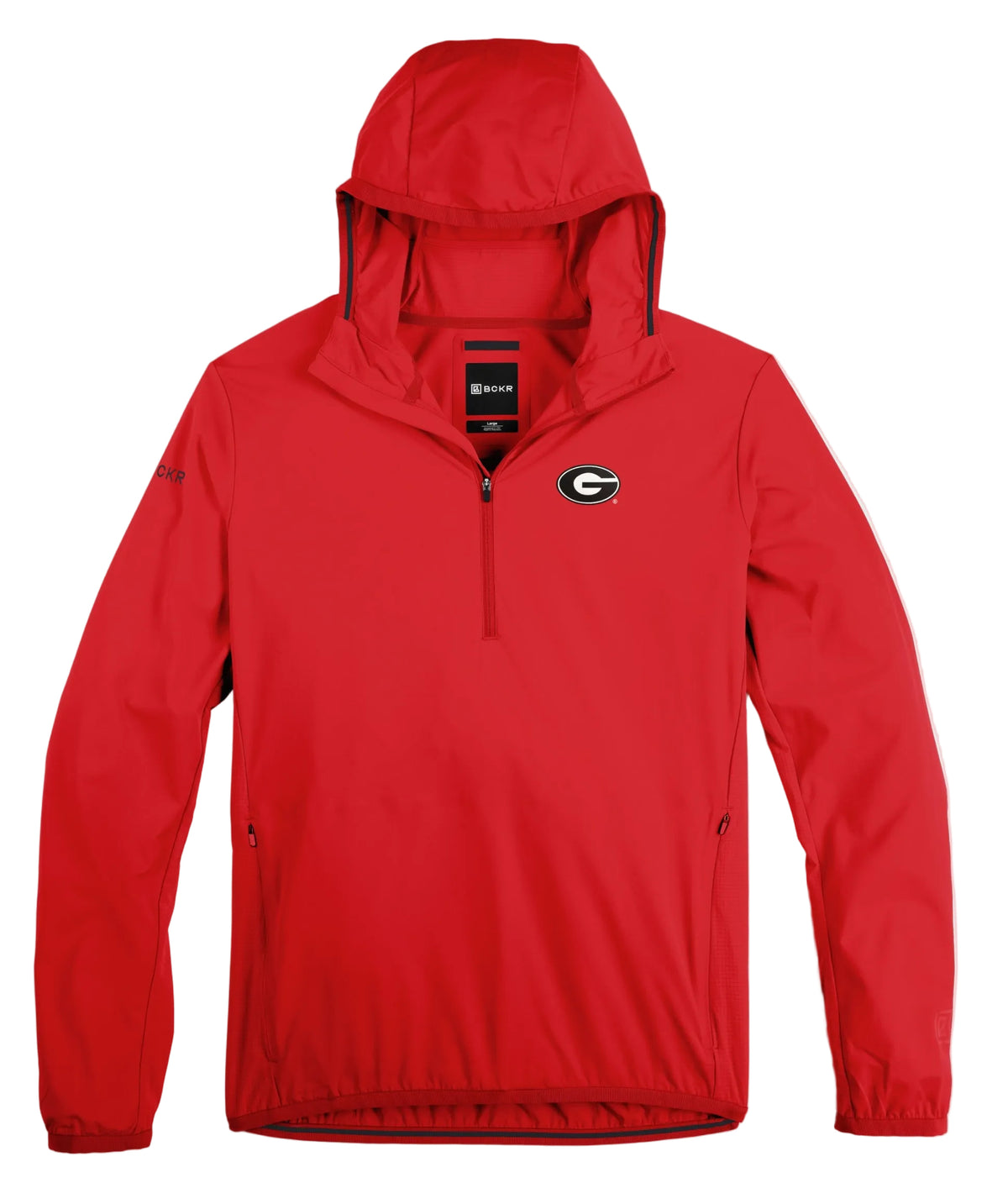 A red hooded quarter-zip windbreaker jacket featuring the Georgia Bulldogs logo on the left chest, displayed on a clean light gray background.