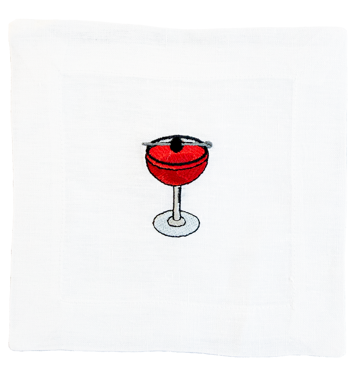 Red cocktail glass with a black rim on a white background