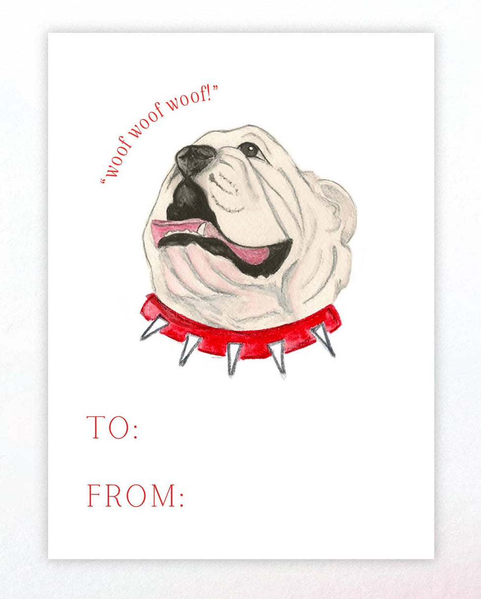 Greeting card with bulldog illustration, red yarn, and scissors on a white background