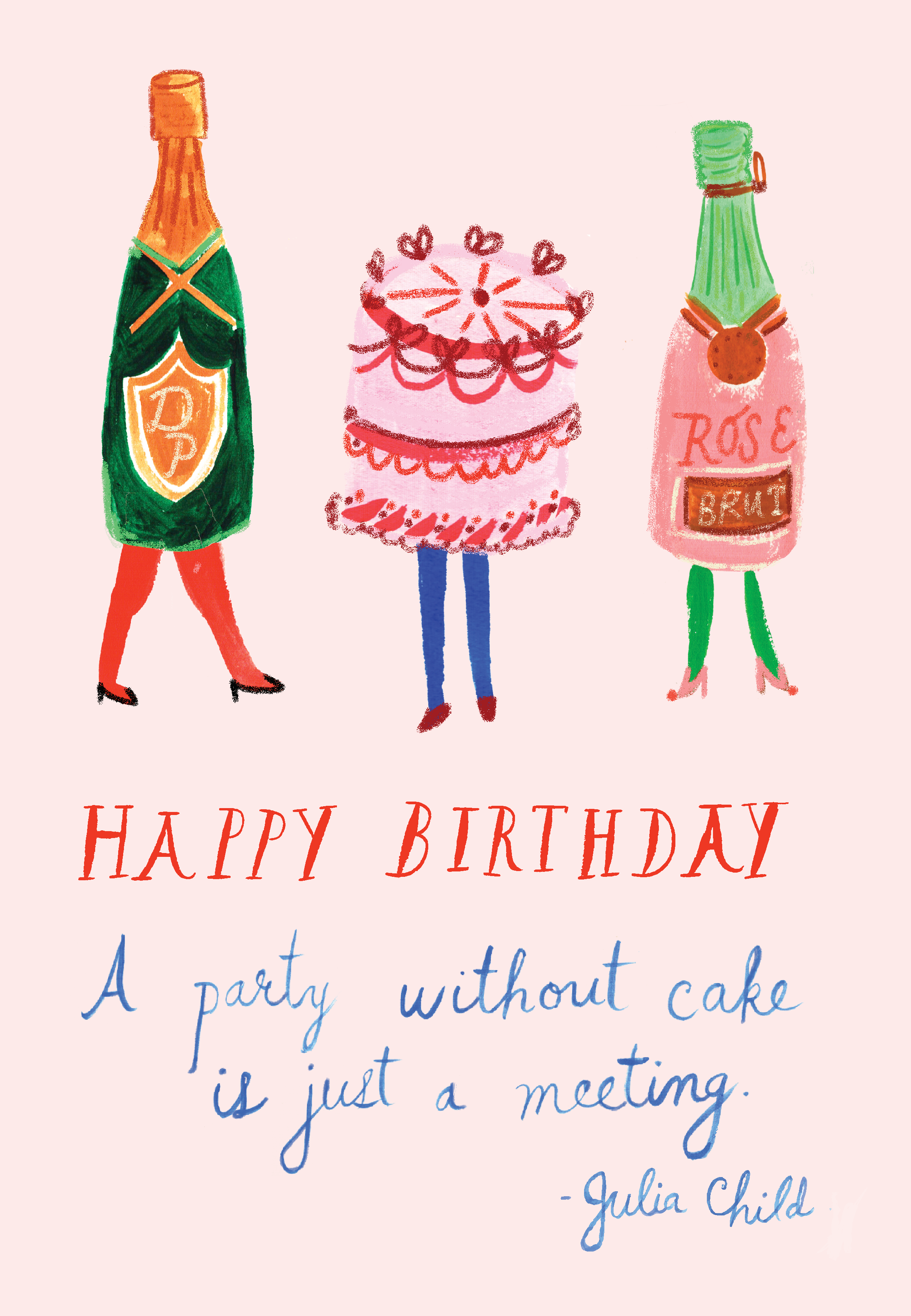 Birthday card with illustrated bottles and a quote on a light pink background