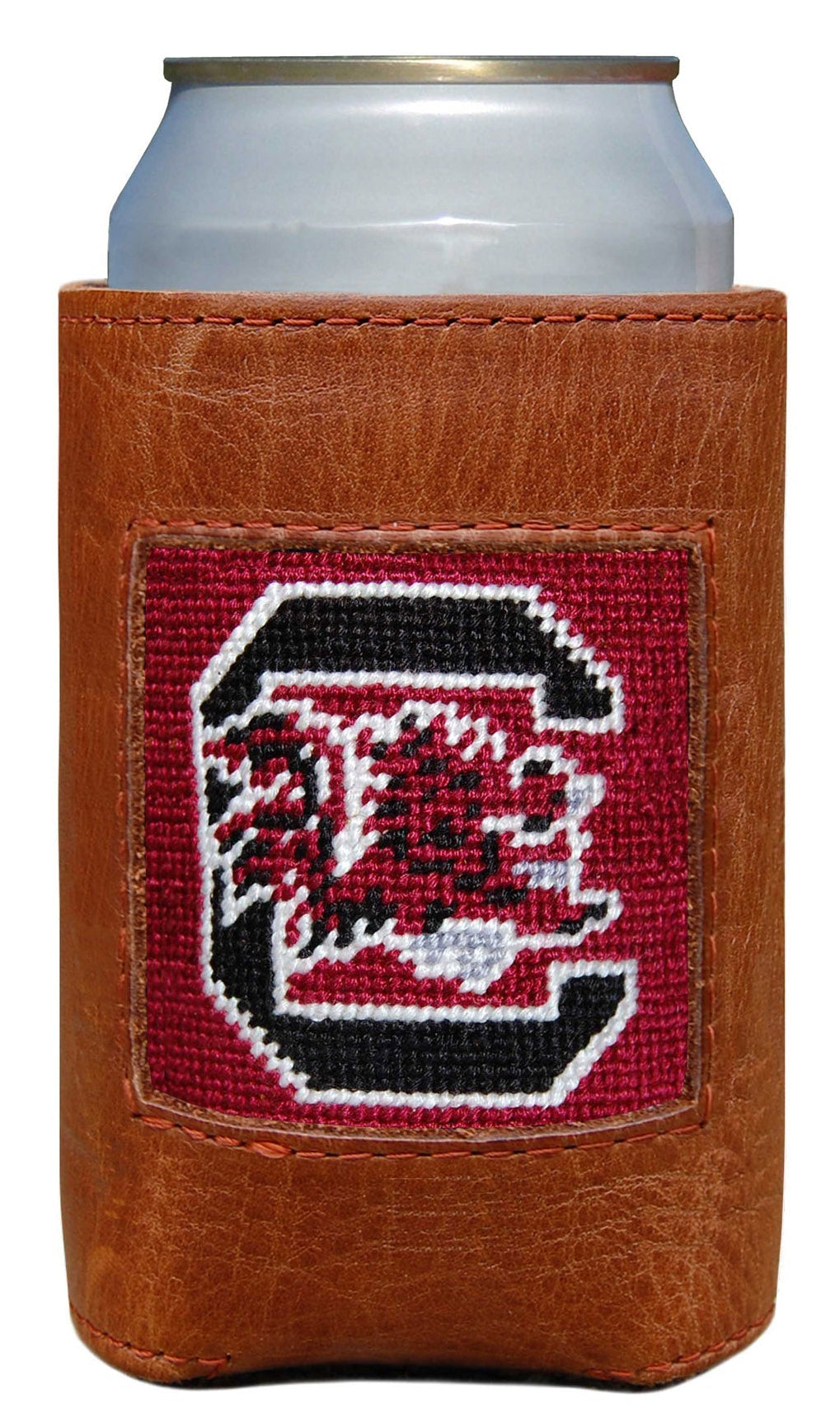 Brown leather can cooler with a embroidered logo on a white background