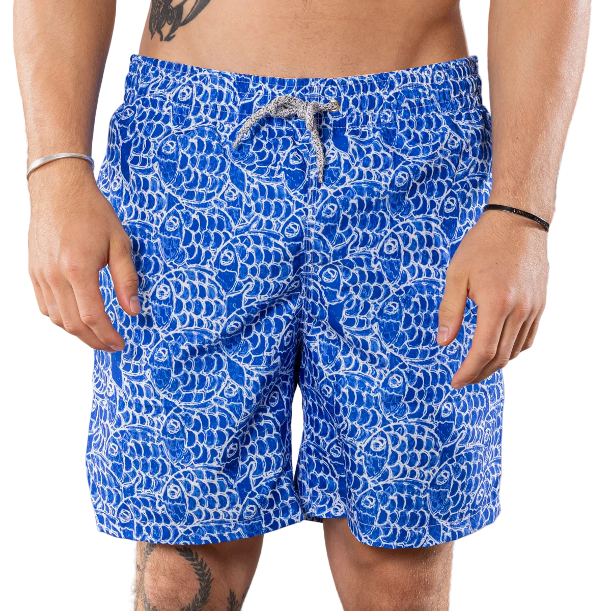 Blue patterned swim trunks with liner men