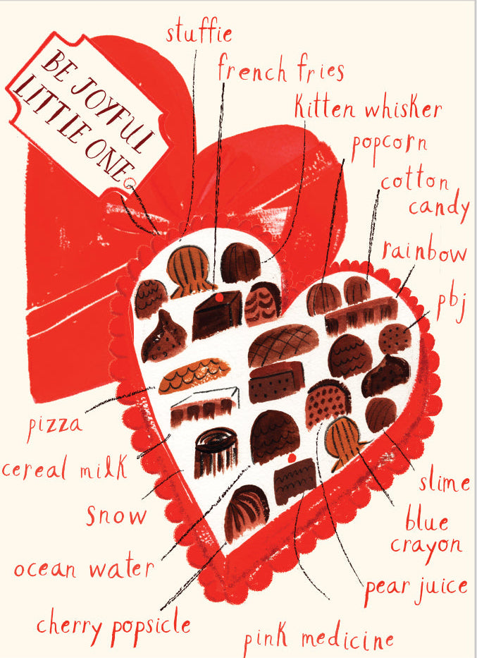 A square art print featuring a red heart-shaped box of chocolates with labels pointing to each chocolate and listing other things like pizza, snow, and rainbow. The print is centered on a light cream background.