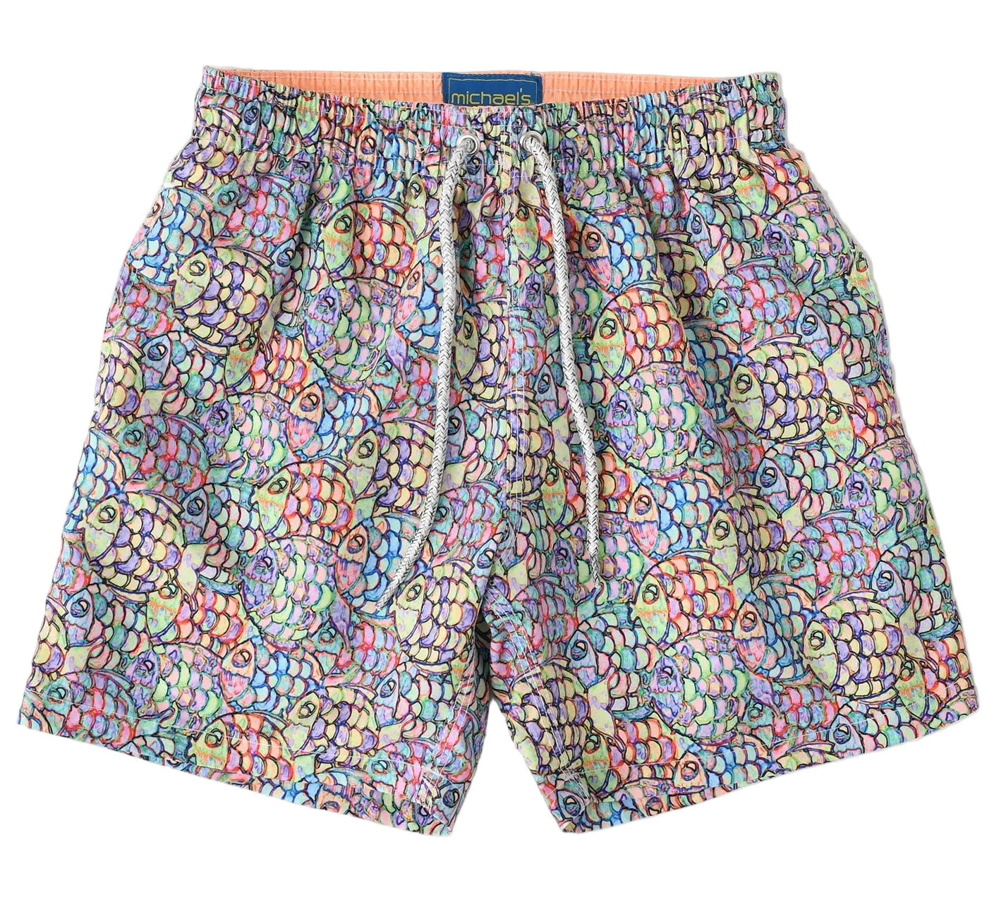 Colorful patterned shorts on a light gray background