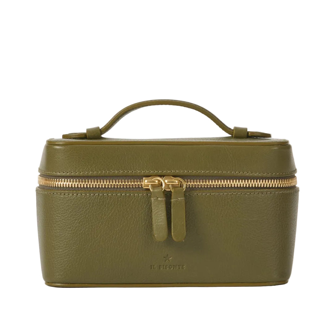 Green leather travel case with gold zipper on a white background