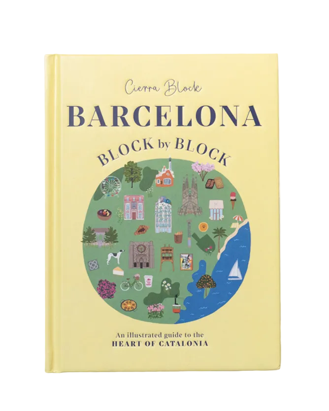 Book titled 'Barcelona Block by Block' with a colorful map on a yellow background