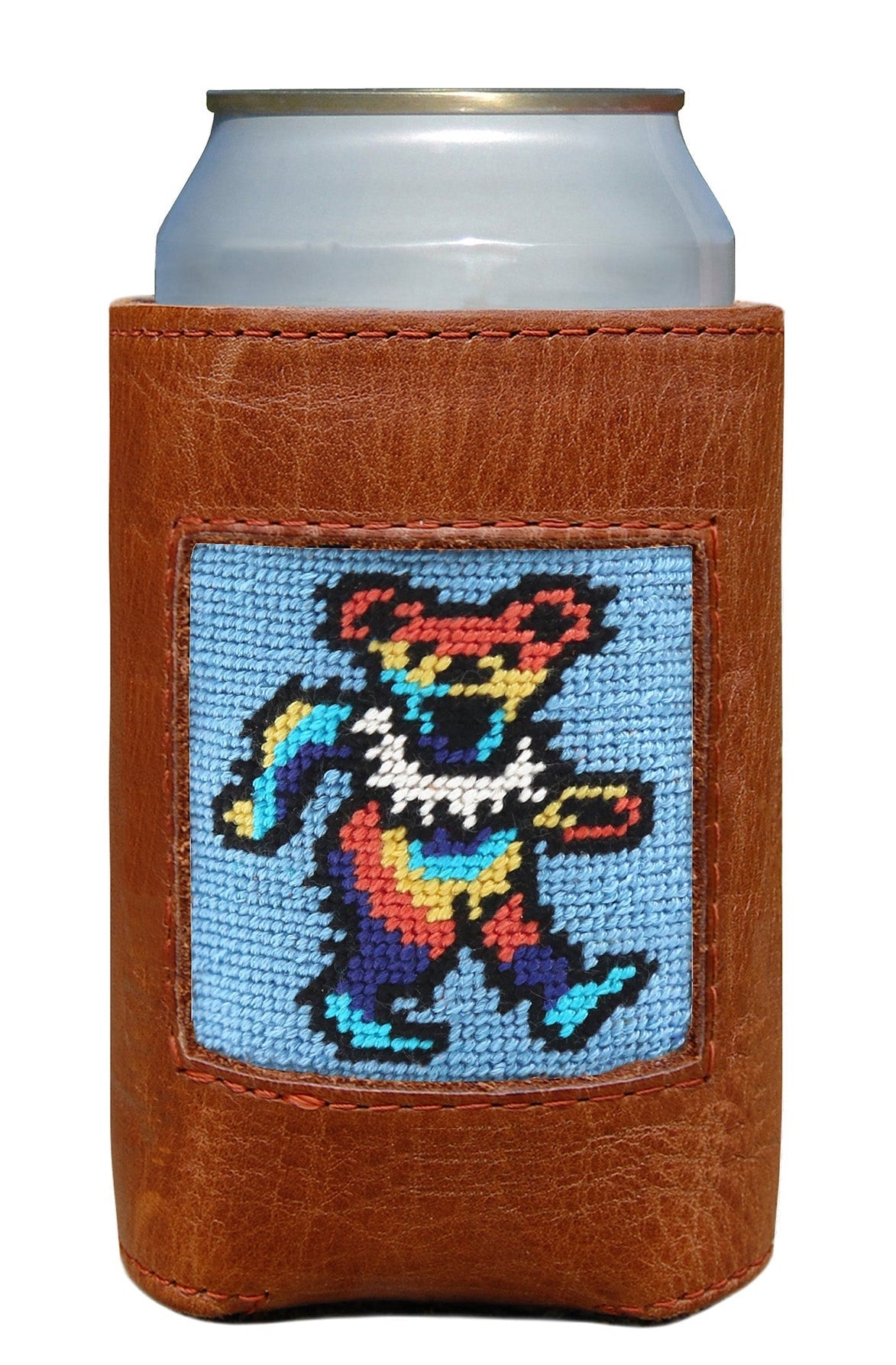 Brown leather can cooler with a embroidered bear design on a white background