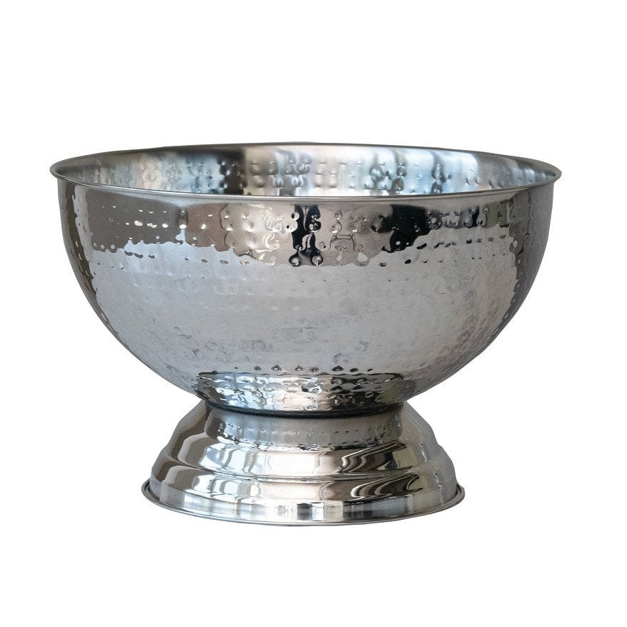 Silver metallic ice bowl with a textured surface on a white background