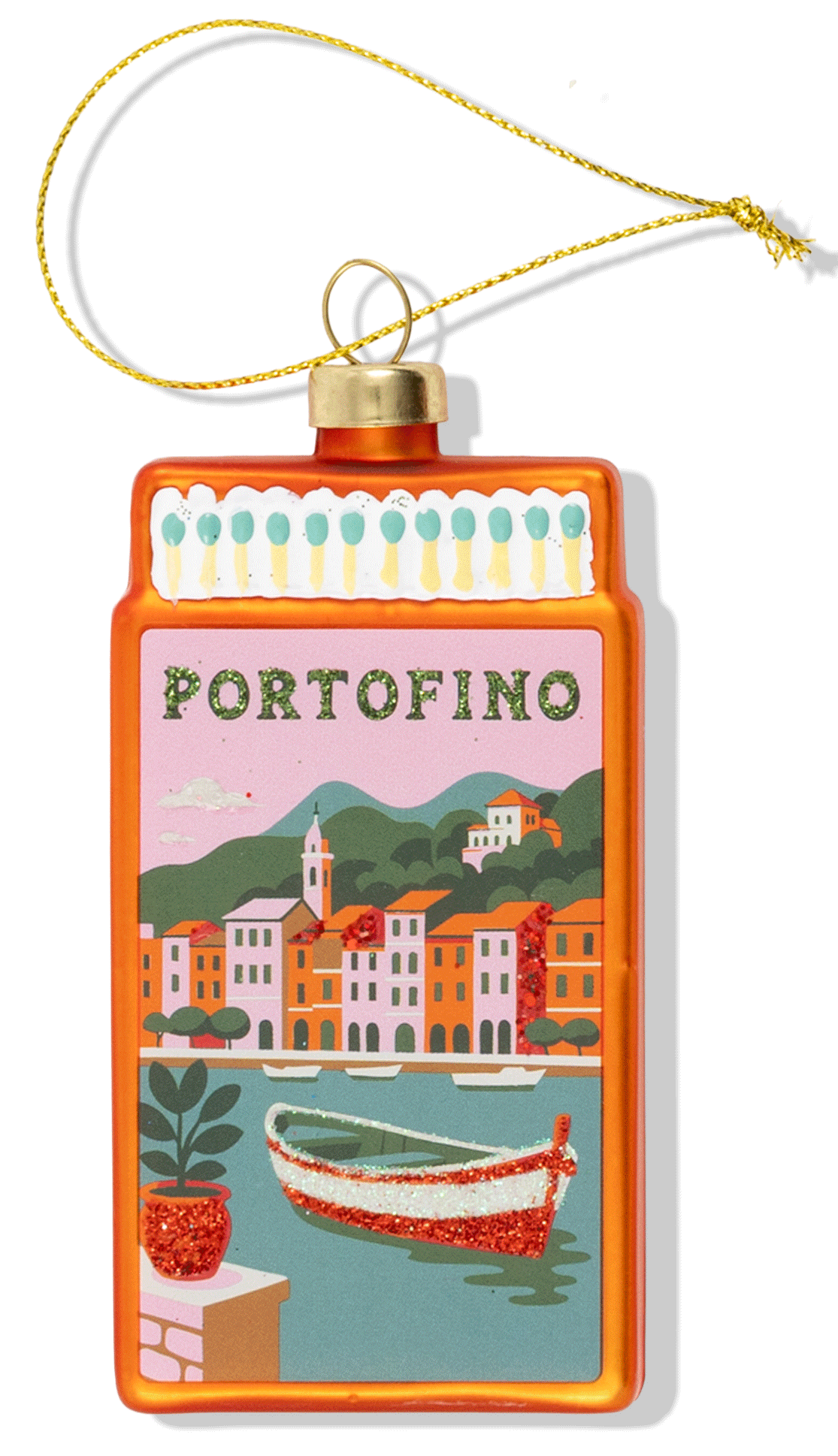 Decorative ornament with 'Portofino' design featuring a boat and buildings on a white background.