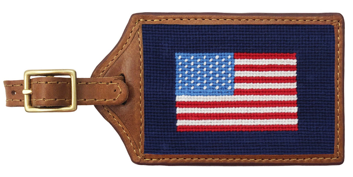 Luggage tag with American flag design on a blue background