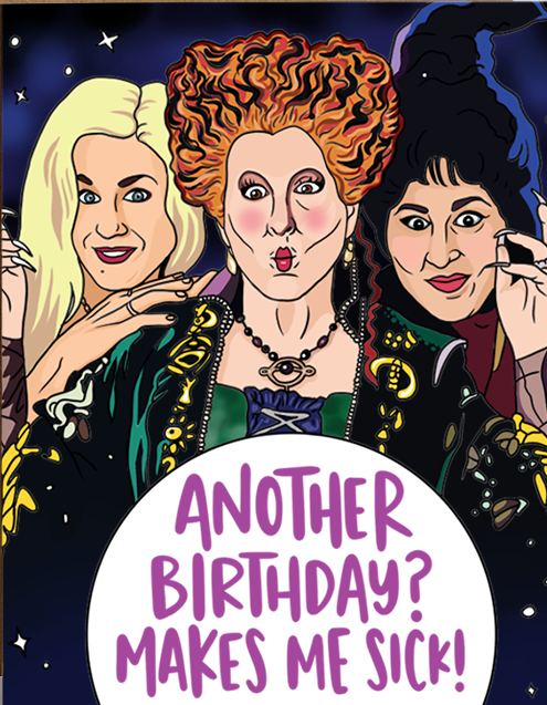 Birthday card with cartoon characters and humorous text on a white background