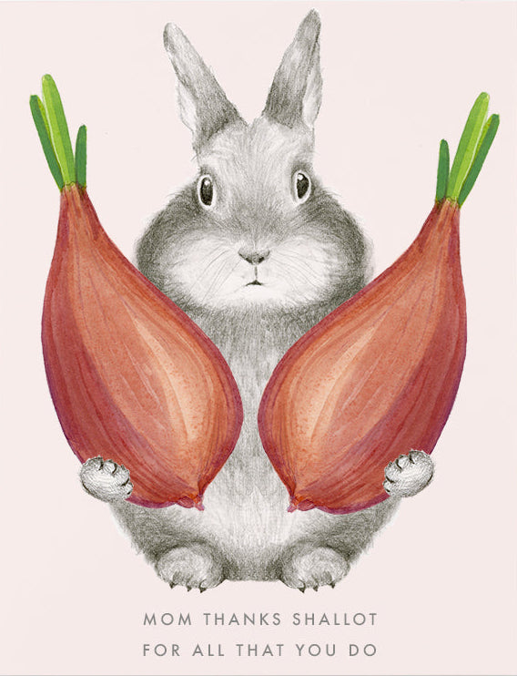 Illustration of a rabbit holding two shallots with a pink background