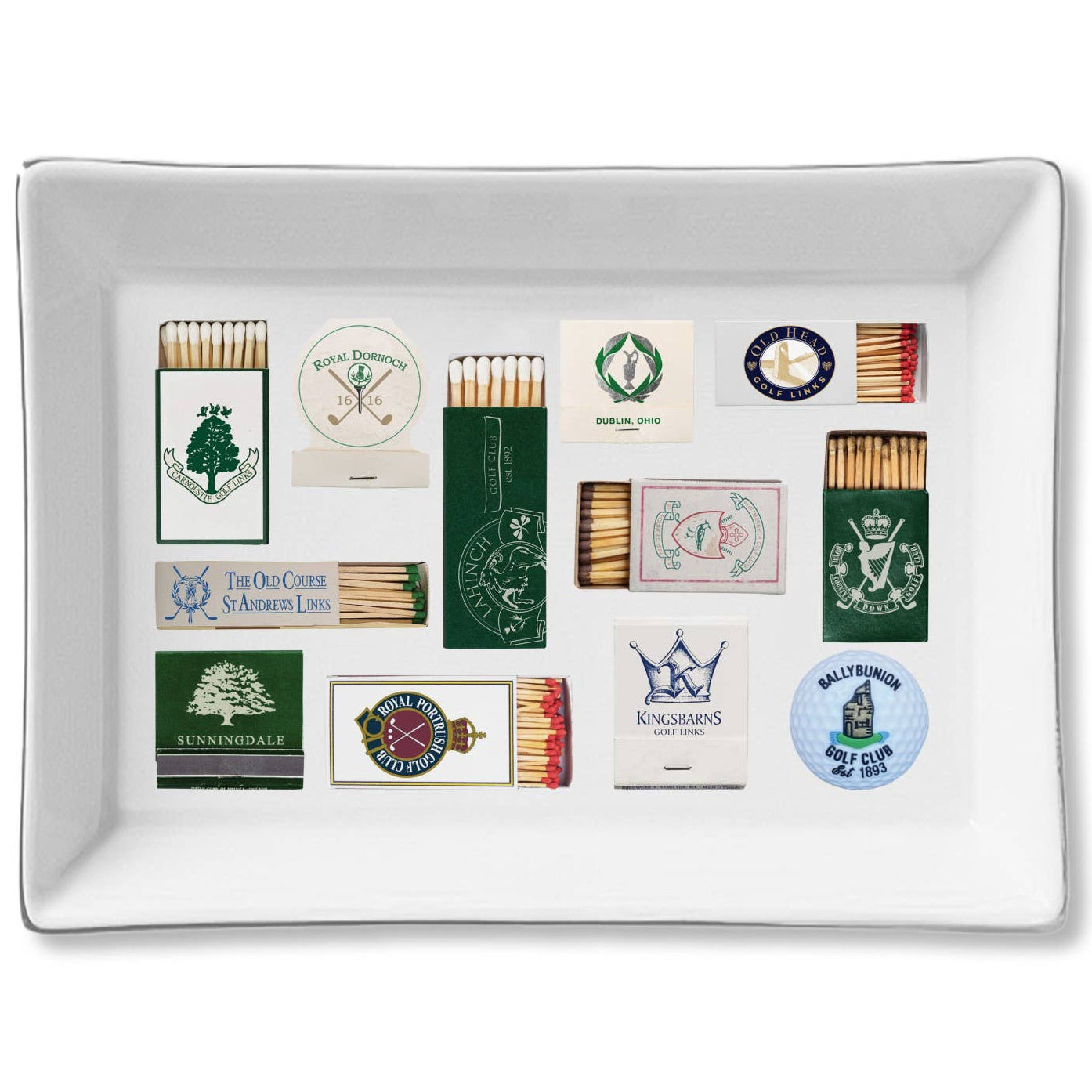 Collection of matchbooks on a white tray with a white background