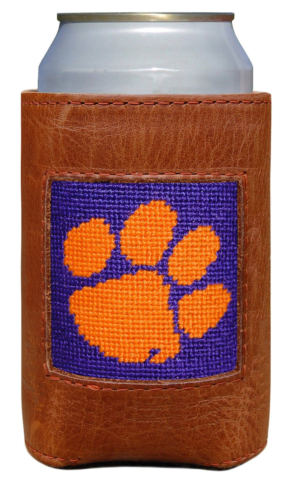 Can cooler with orange paw print design on a white background